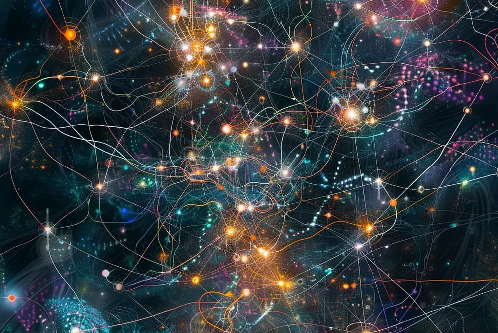 A glowing neural network of light and threads